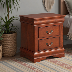 Fully Assembled Transitional Sleigh Wood Nightstand with 2 Dovetail Drawers and Metal Pulls
