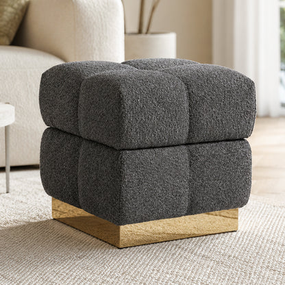 Contemporary Bouclé Storage Stool with Hidden Storage Compartment & Gold Stainless Steel Base – Fully Assembled