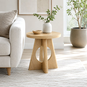 Contemporary Round End Table with Oak Veneer, Pedestal Base & Cross-Shaped Cutout Design