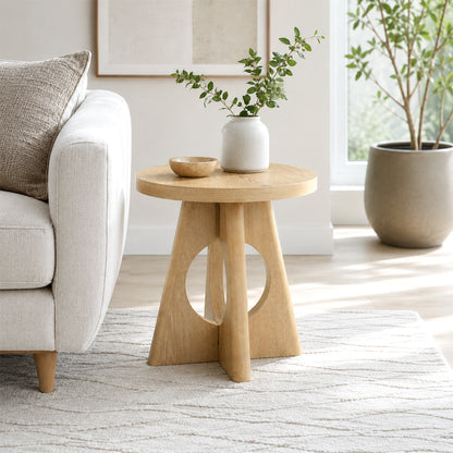 Contemporary Round End Table with Oak Veneer, Pedestal Base & Cross-Shaped Cutout Design