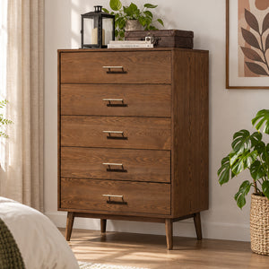 Mid-Century Modern 5-Drawer Chest in Walnut with Tapered Legs