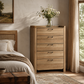 Transitional Natural Wood 5-Drawer Chest with Raised Edge Top & Curved Drawer Front – Fully Assembled
