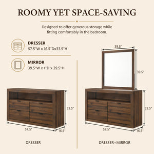 Contemporary Walnut Dresser with Optional Mirror, Finger Pull Drawers & Solid Wood Construction