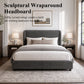 Contemporary Boucle Bed – Winged Edge Padded Headboard, Round Wood Legs
