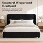 Contemporary Boucle Bed – Winged Edge Padded Headboard, Round Wood Legs