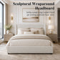 Contemporary Boucle Bed – Winged Edge Padded Headboard, Round Wood Legs