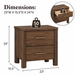Mid-Century Walnut Nightstand with USB Charging Ports, Felt-Lined Drawer & Gold Hardware