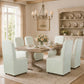 French Farmhouse Upholstered Dining Chair with Rounded Back, Caster Legs & Skirted Design