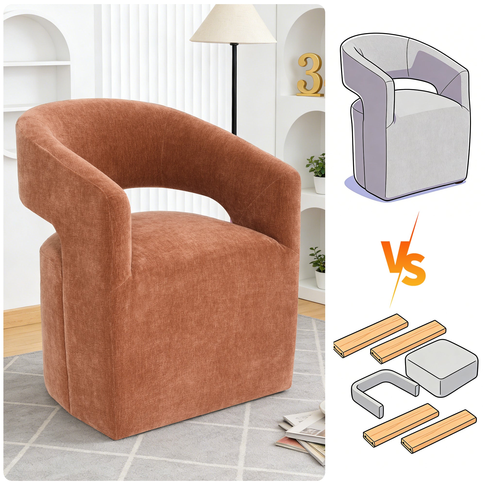 Rolling Barrel-Back Accent Chair with Casters – Contemporary Upholstered Arm Chair