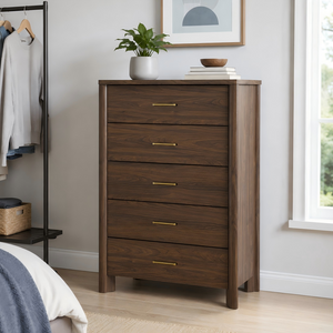 Mid-Century Modern Walnut 5-Drawer Chest with Felt-Lined Top Drawer & Gold Hardware
