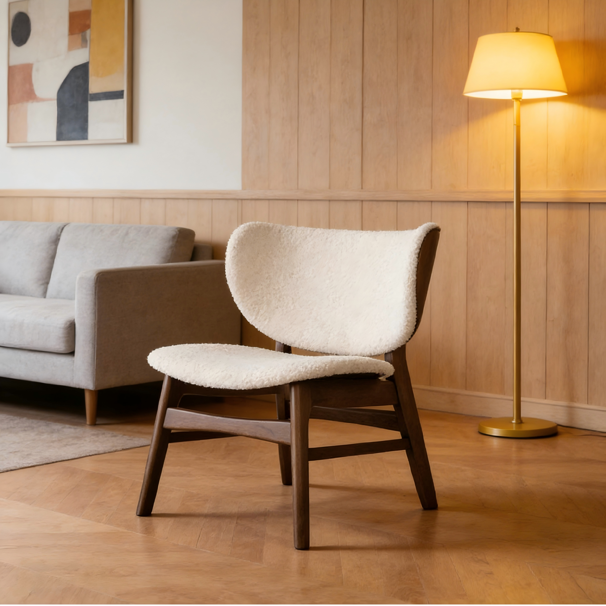 Mid-Century Modern Boucle Wingback Accent Chair with Walnut Wood Frame