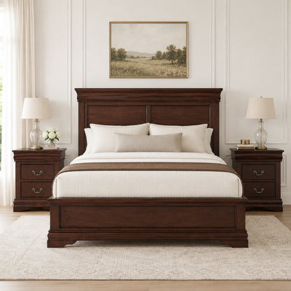 3-Piece Transitional Sleigh Bedroom Set with Solid Wood Bed & 2 Nightstands | Timeless Wood Design