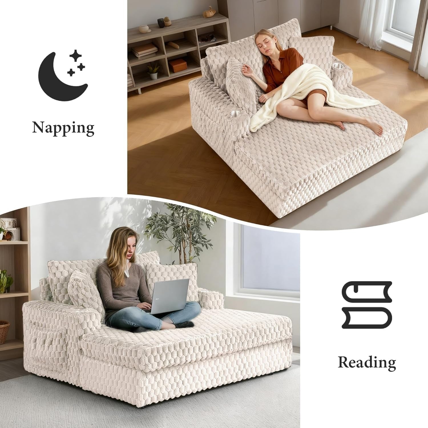 Beige Chaise Lounge – Lifestyle scene showing a person napping and reading on the chaise