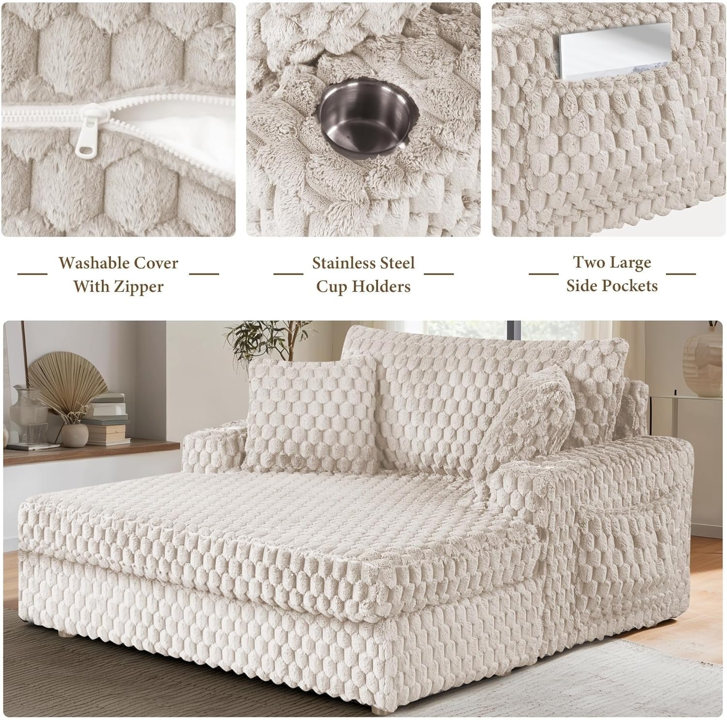 Beige Chaise Lounge – Detailed close-ups of  Zipper、Cup Holders and Side Pockets