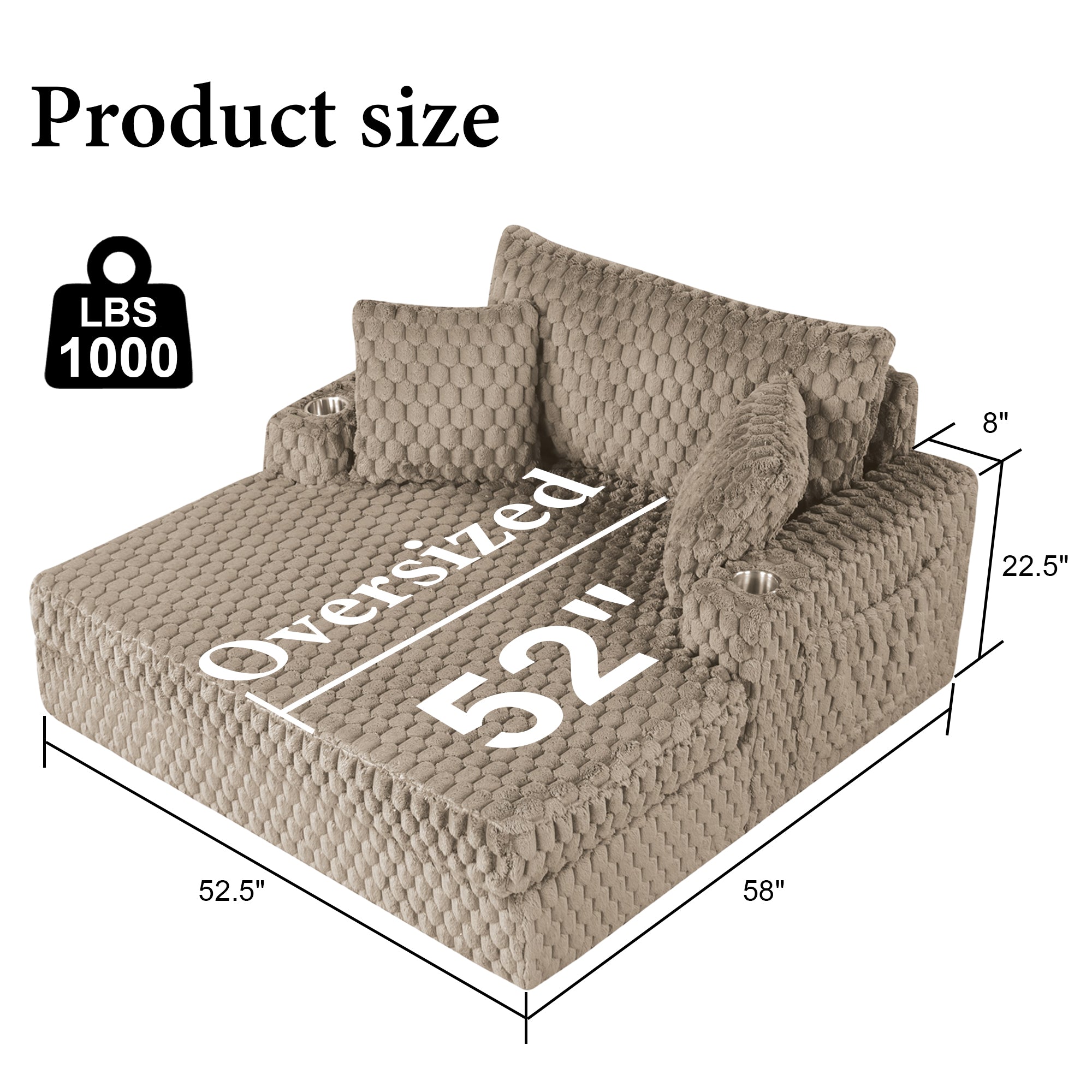 Light Brown Chaise Lounge – Full product dimensions chart showing length, width and height