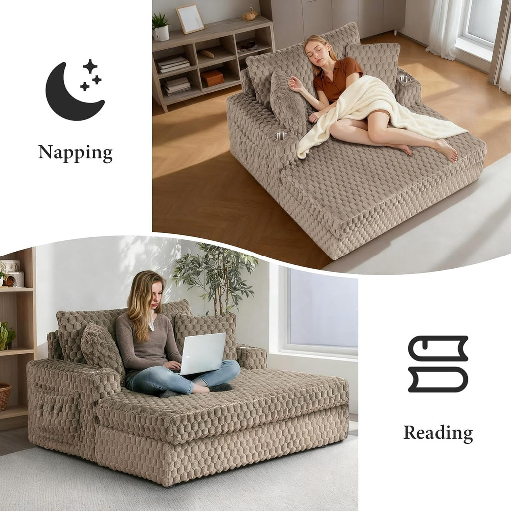 Light Brown Chaise Lounge – Lifestyle scene showing a person napping and reading on the chaise