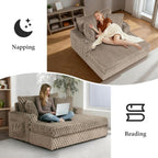 Light Brown Chaise Lounge – Lifestyle scene showing a person napping and reading on the chaise