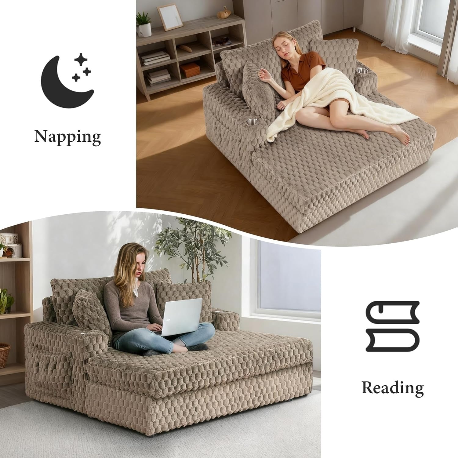 Light Brown Chaise Lounge – Lifestyle scene showing a person napping and reading on the chaise