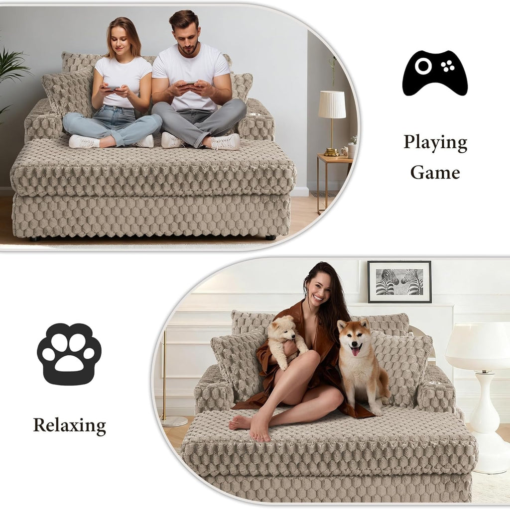 Light Brown Chaise Lounge – Lifestyle scene of gaming and relaxing on the Chaise Lounge