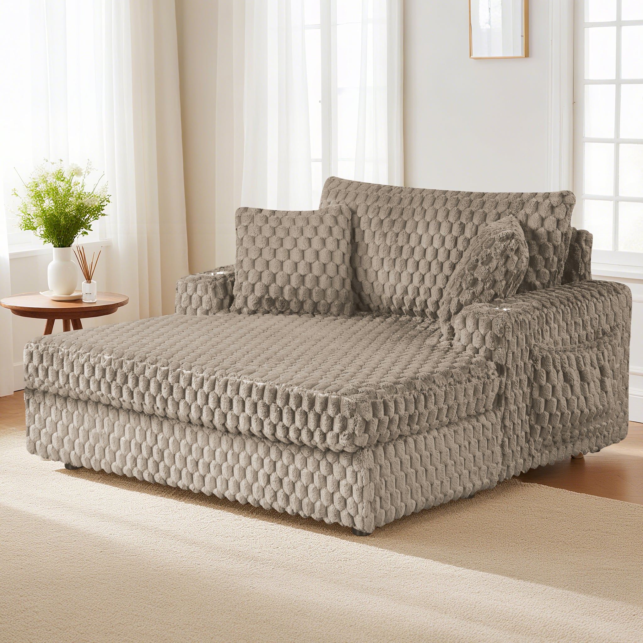 Light Brown Chaise Lounge – Main Image of the modern Chaise Lounge with cup holders and side pockets