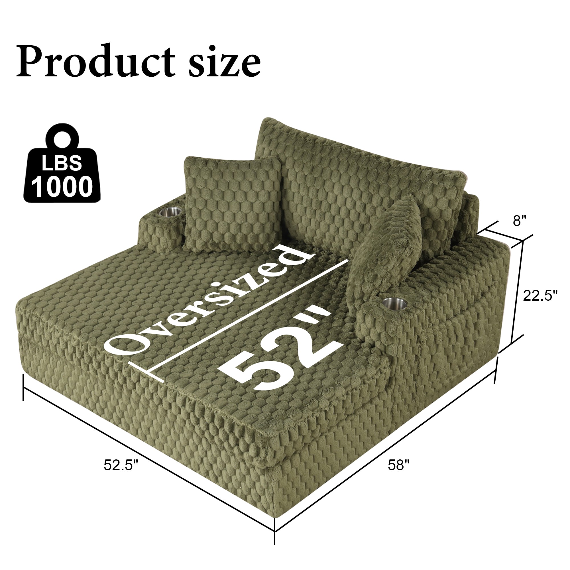 Olive Green Chaise Lounge – Full product dimensions chart showing length, width and height
