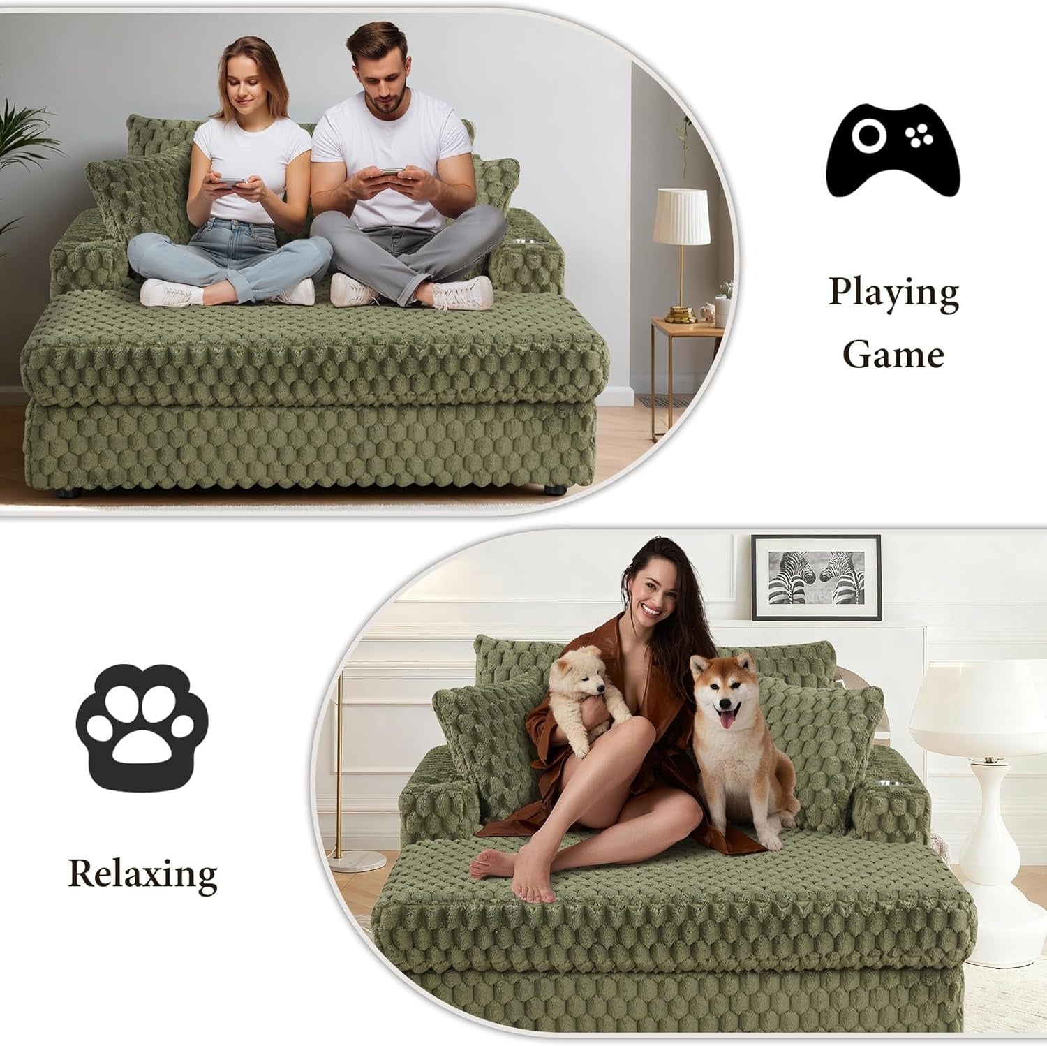 Olive Green Chaise Lounge – Lifestyle scene of gaming and relaxing on the Chaise Lounge