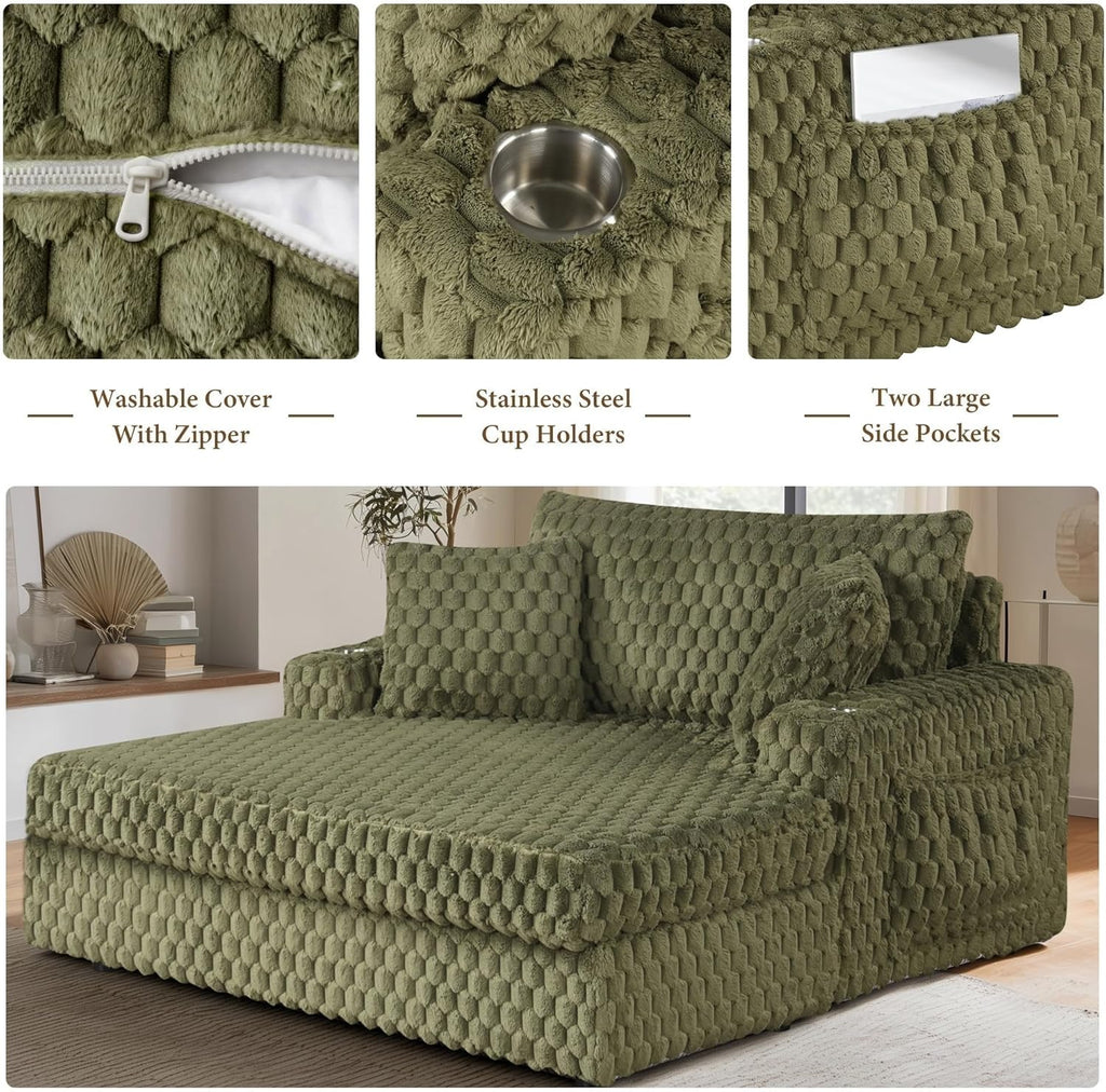 Olive Green Chaise Lounge – Detailed close-ups of  Zipper、Cup Holders and Side Pockets