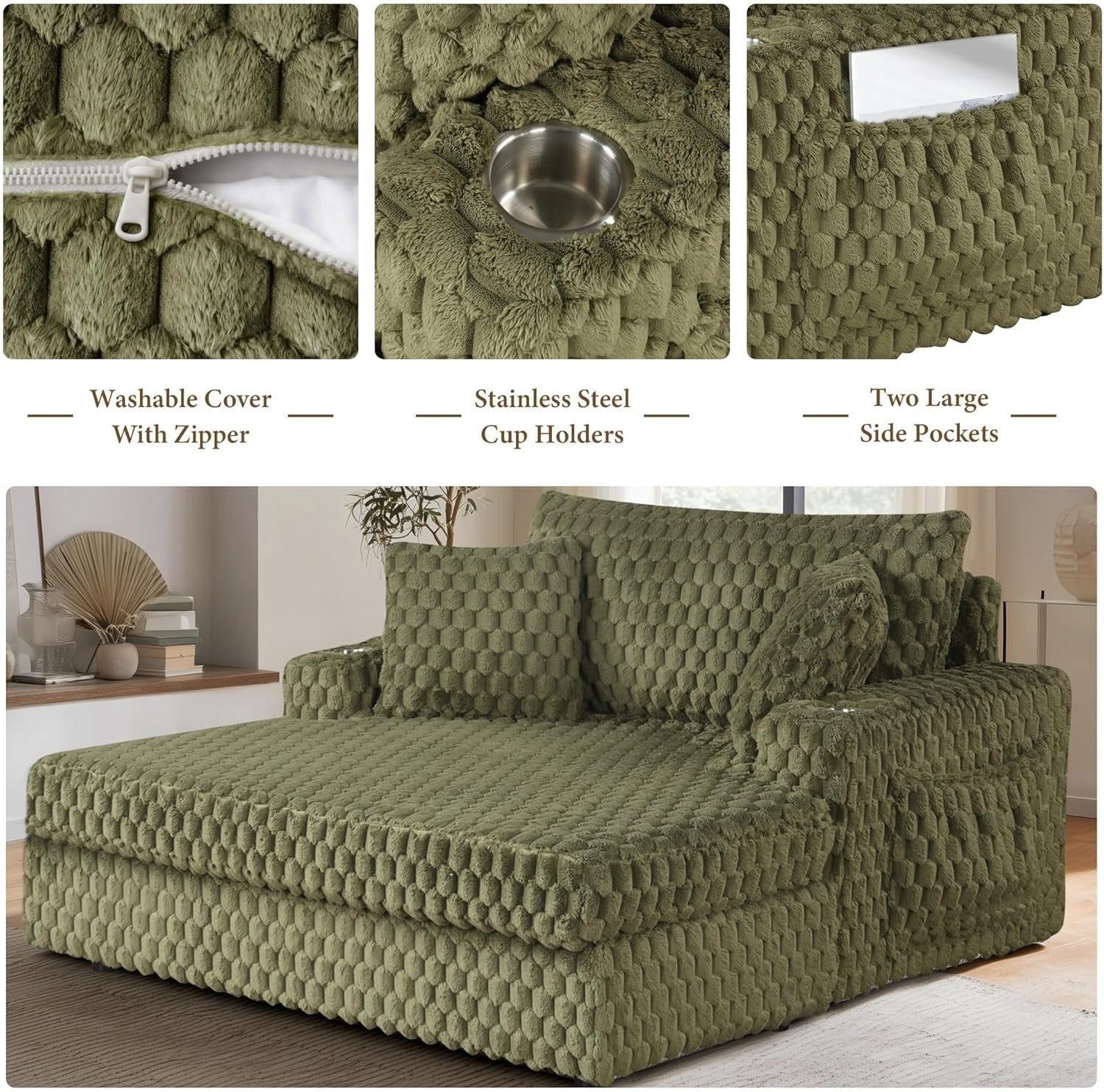 Olive Green Chaise Lounge – Detailed close-ups of  Zipper、Cup Holders and Side Pockets