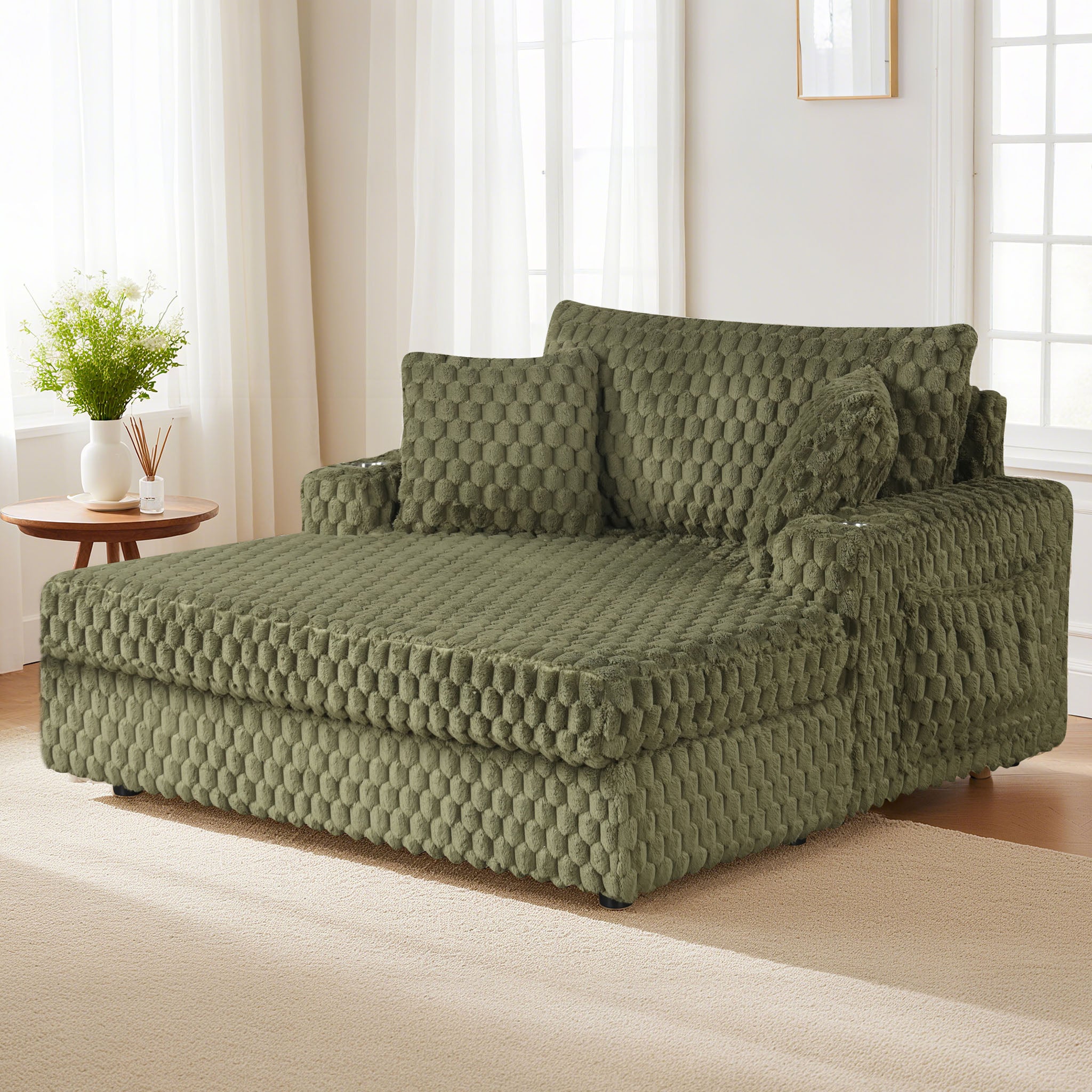 Olive Green Chaise Lounge – Main Image of the modern Chaise Lounge with cup holders and side pockets
