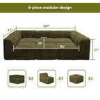 Olive green daybed –Full product dimensions chart showing length, width, height, and modular components.