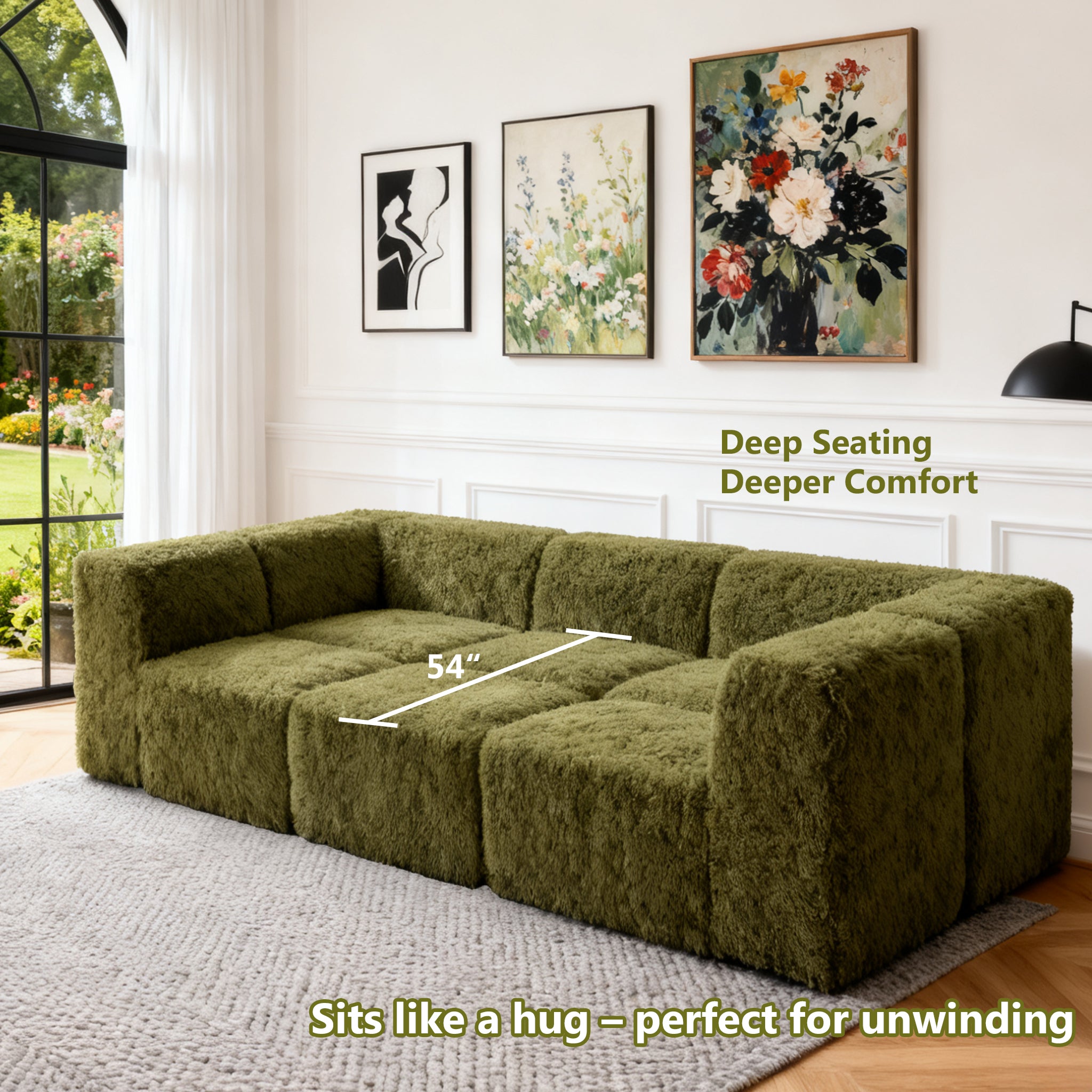 Olive green daybed showcases its deep seating design