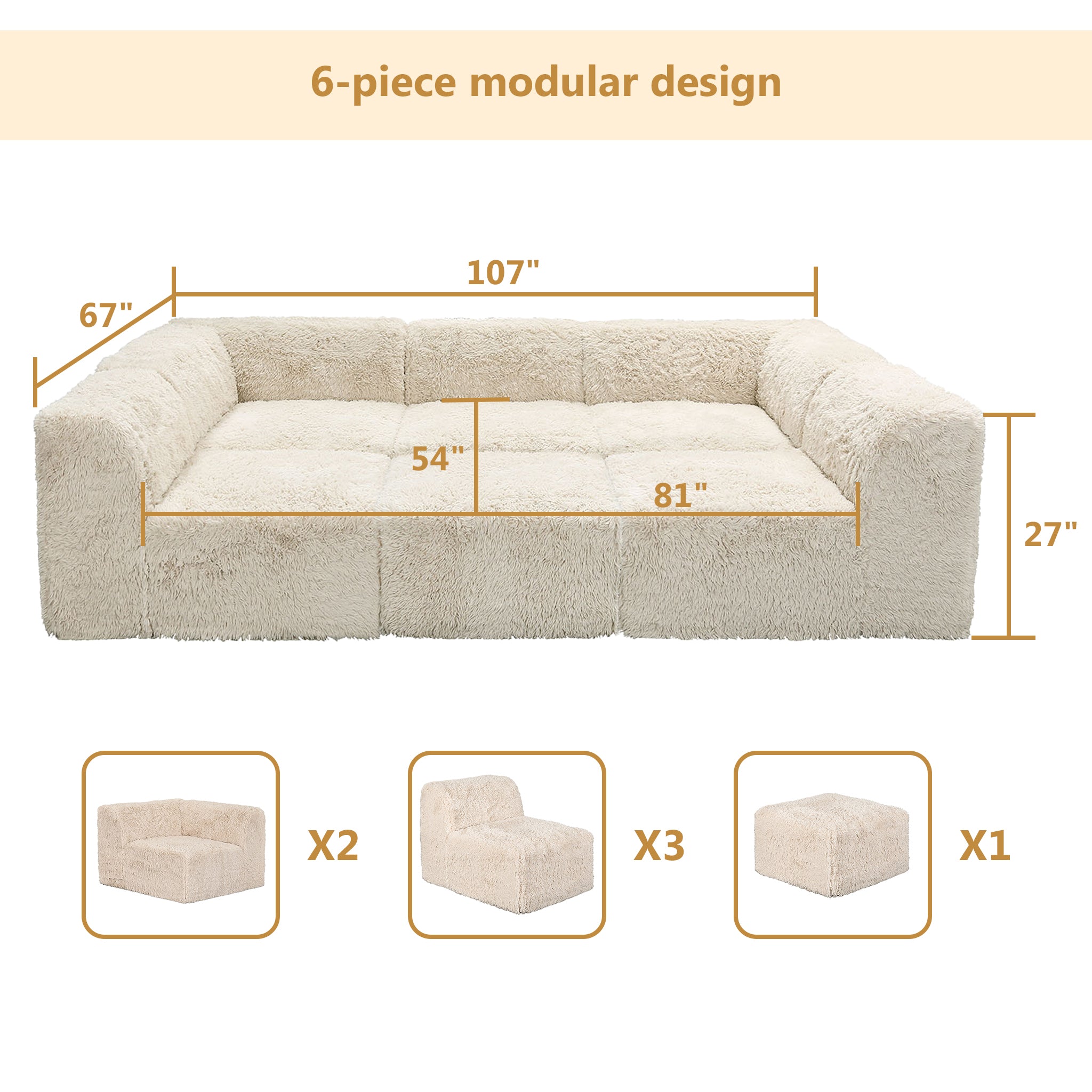 Soft sand daybed –Full product dimensions chart showing length, width, height, and modular components.