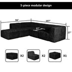 Black Sofa with One Arm and Chaise Extension  –Full product dimensions chart showing length, width, height, and modular components.