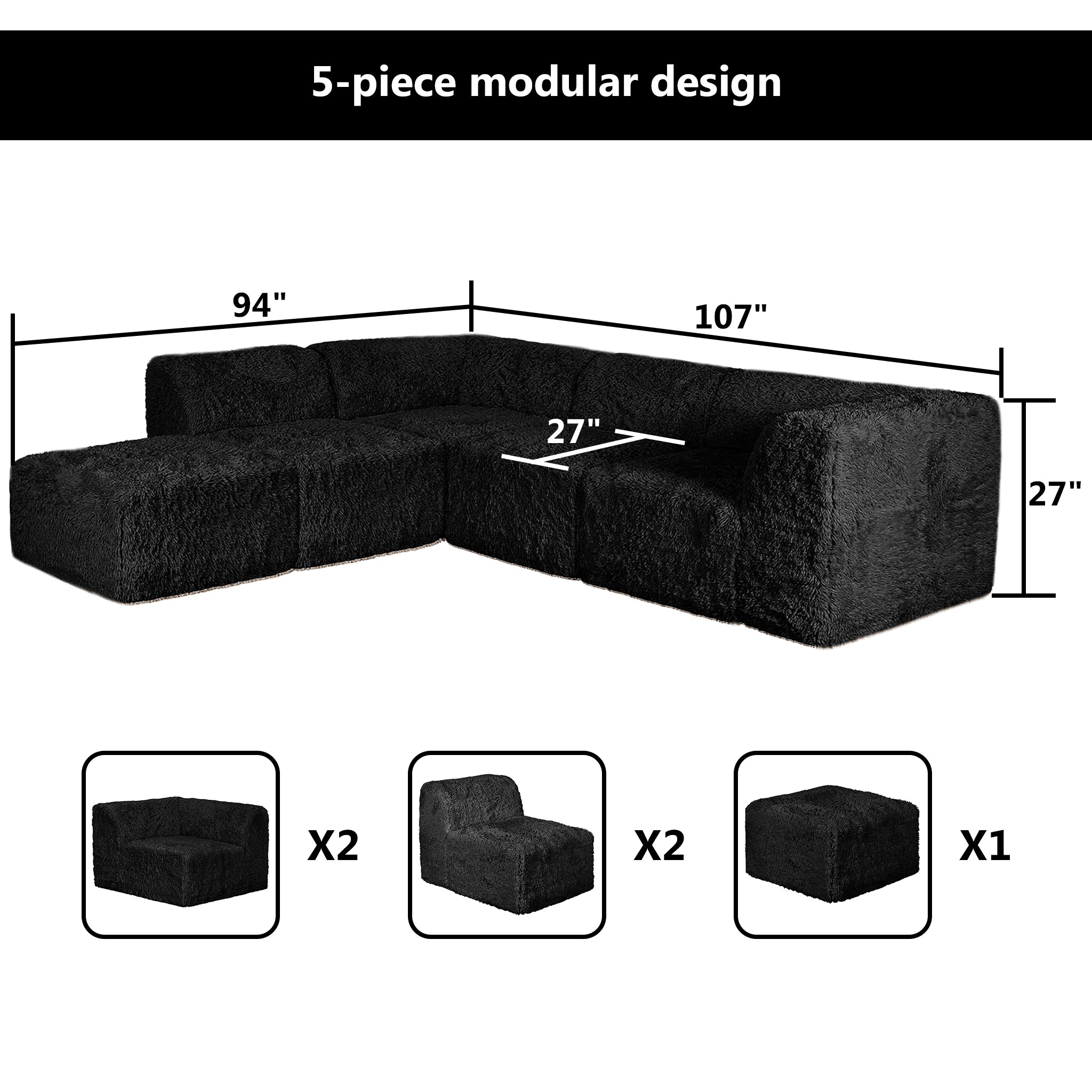 Black Sofa with One Arm and Chaise Extension  –Full product dimensions chart showing length, width, height, and modular components.
