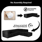 Black sofa comes in simple packaging and requires no assembly.