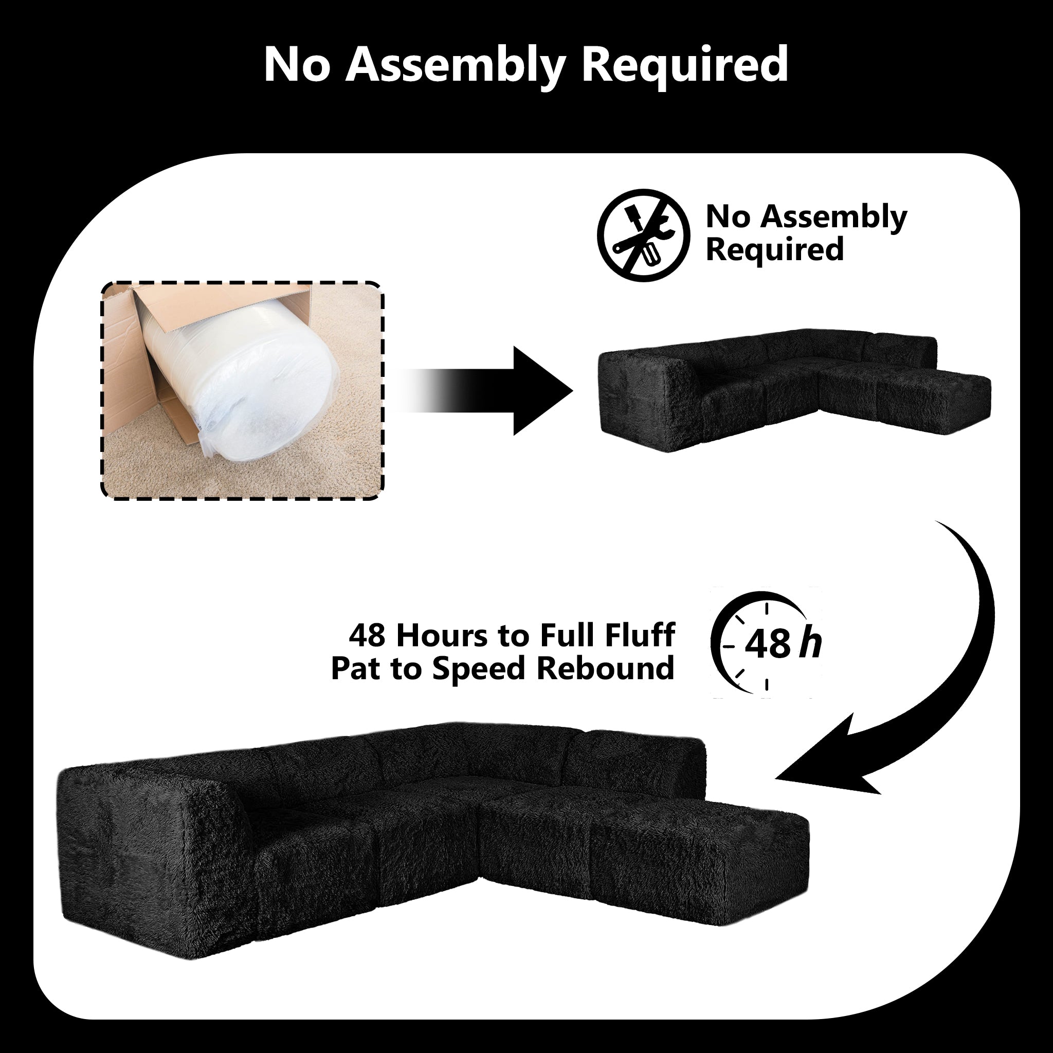 Black sofa comes in simple packaging and requires no assembly.