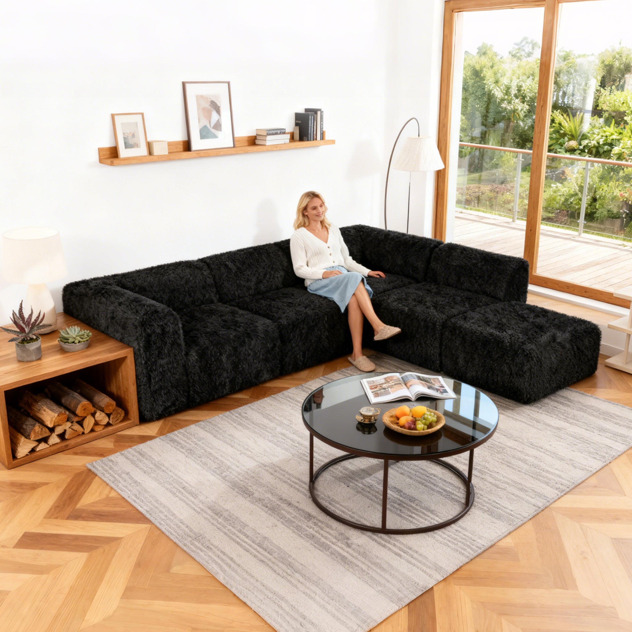 Black Sofa with One Arm and Chaise Extension  –Main Image of the Compressed Foam Faux Fur sofa