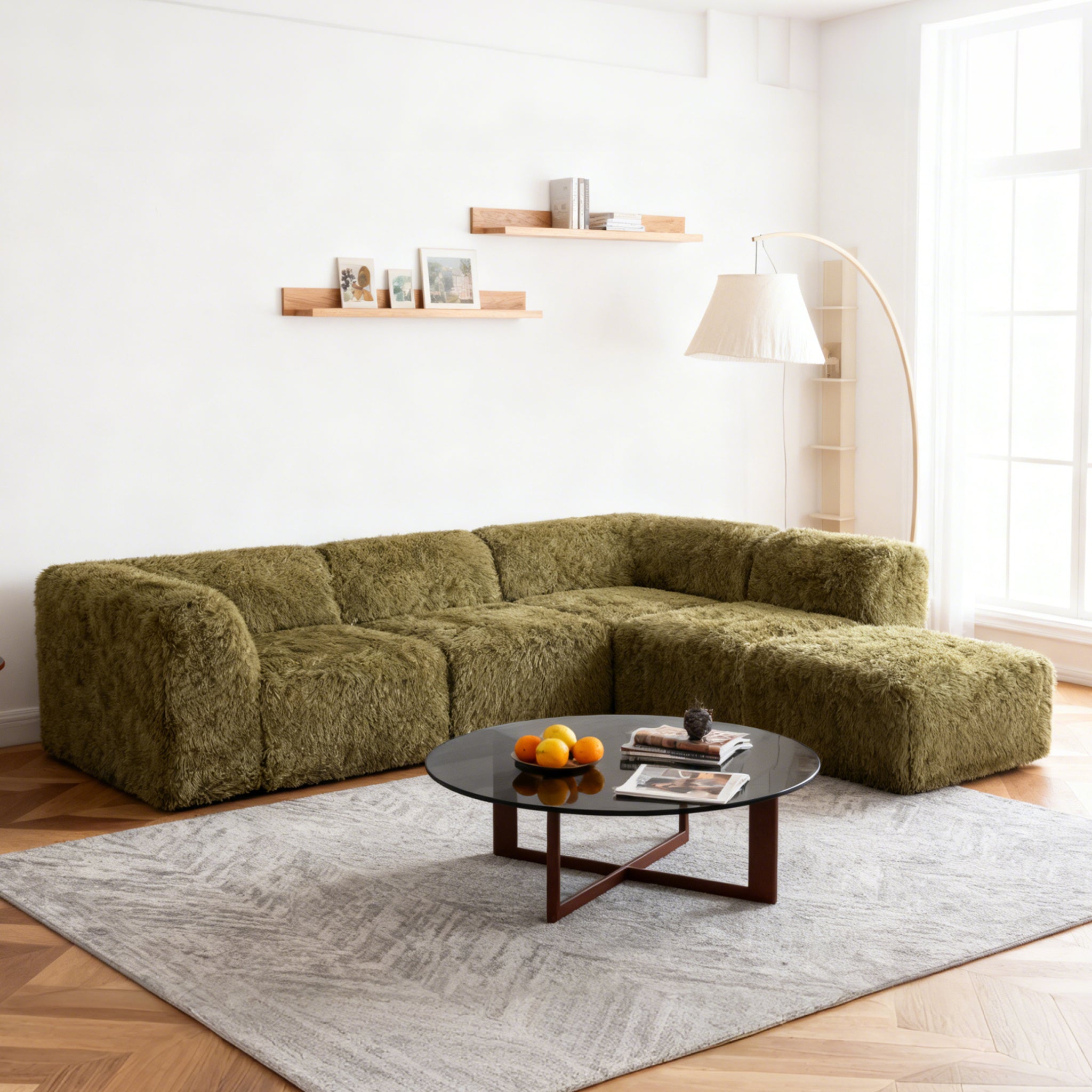 Olive green Sofa with One Arm and Chaise Extension--Additional lifestyle scenes showing everyday home use