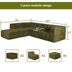 Olive green Sofa with One Arm and Chaise Extension  –Full product dimensions chart showing length, width, height, and modular components.