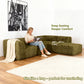 Olive green Sofa with One Arm and Chaise Extension showcases its deep seating design– a lady comfortably enjoys reading time on the sofa