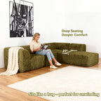Olive green Sofa with One Arm and Chaise Extension showcases its deep seating design– a lady comfortably enjoys reading time on the sofa