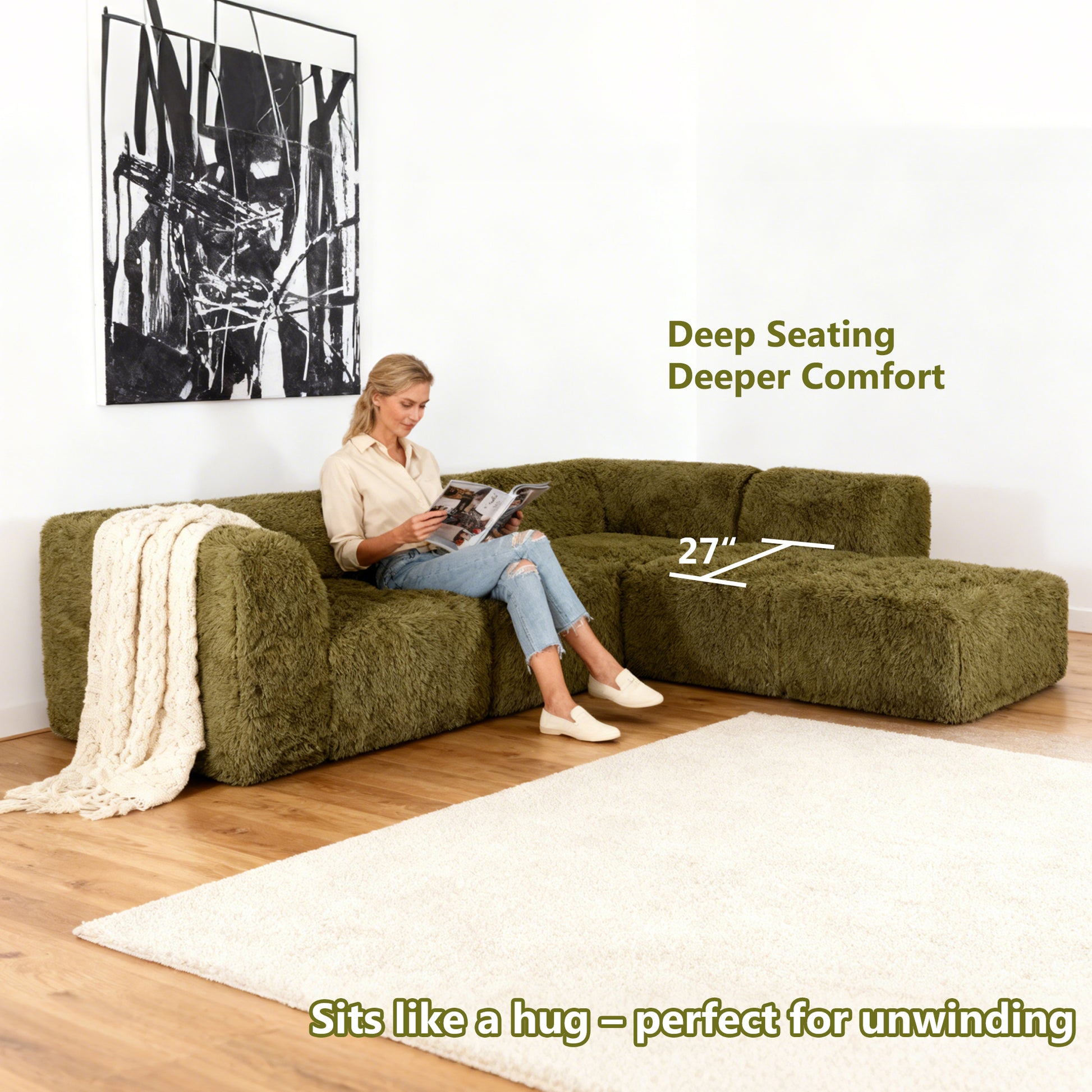 Olive green Sofa with One Arm and Chaise Extension showcases its deep seating design– a lady comfortably enjoys reading time on the sofa