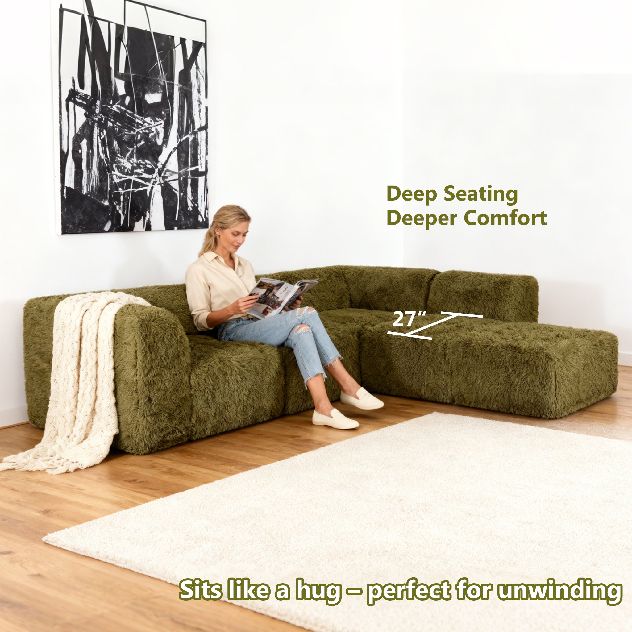 Olive green Sofa with One Arm and Chaise Extension showcases its deep seating design– a lady comfortably enjoys reading time on the sofa