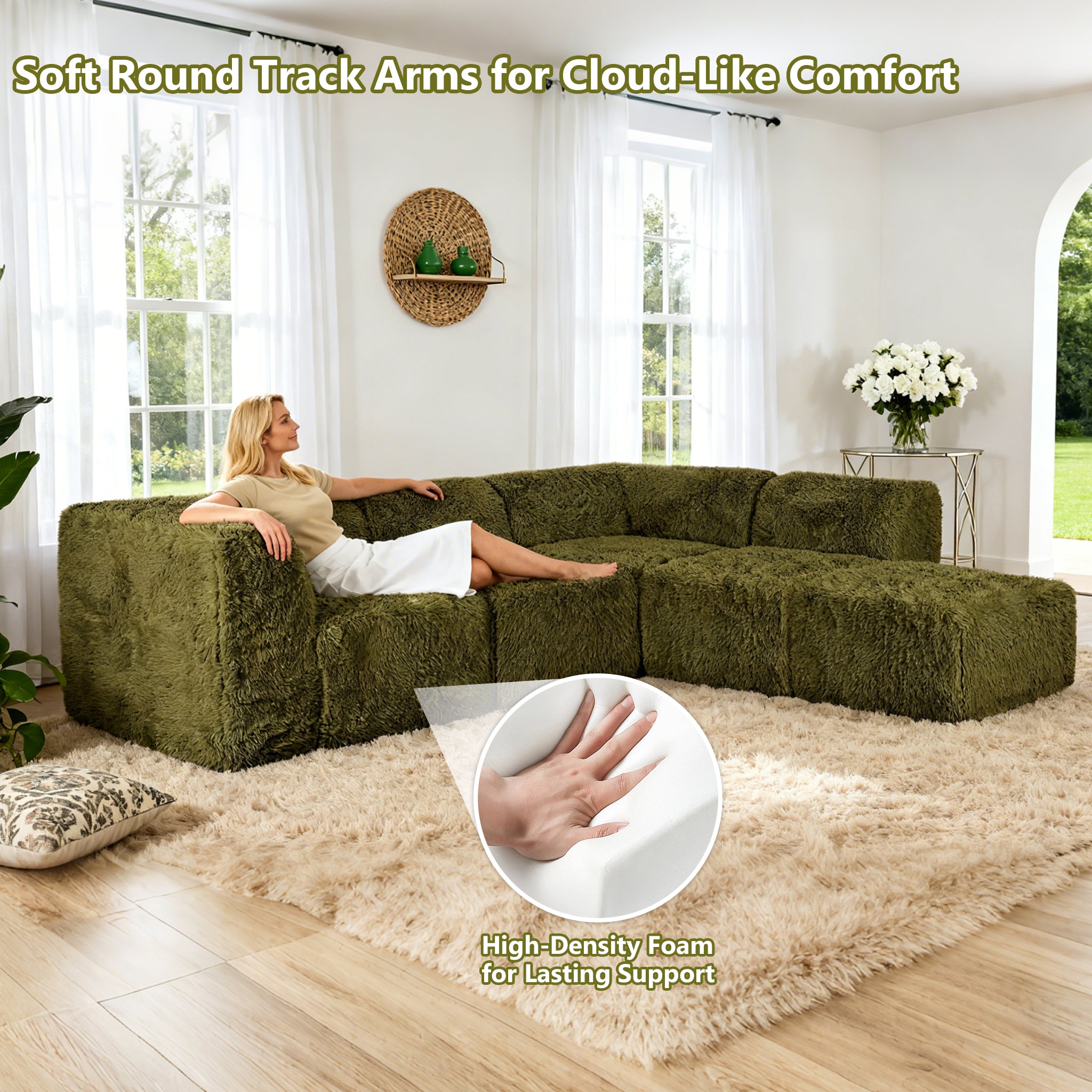 Olive green Sofa with One Arm and Chaise Extension with its rounded armrests and high-density foam support – a ladyis comfortably relaxing on the sofa