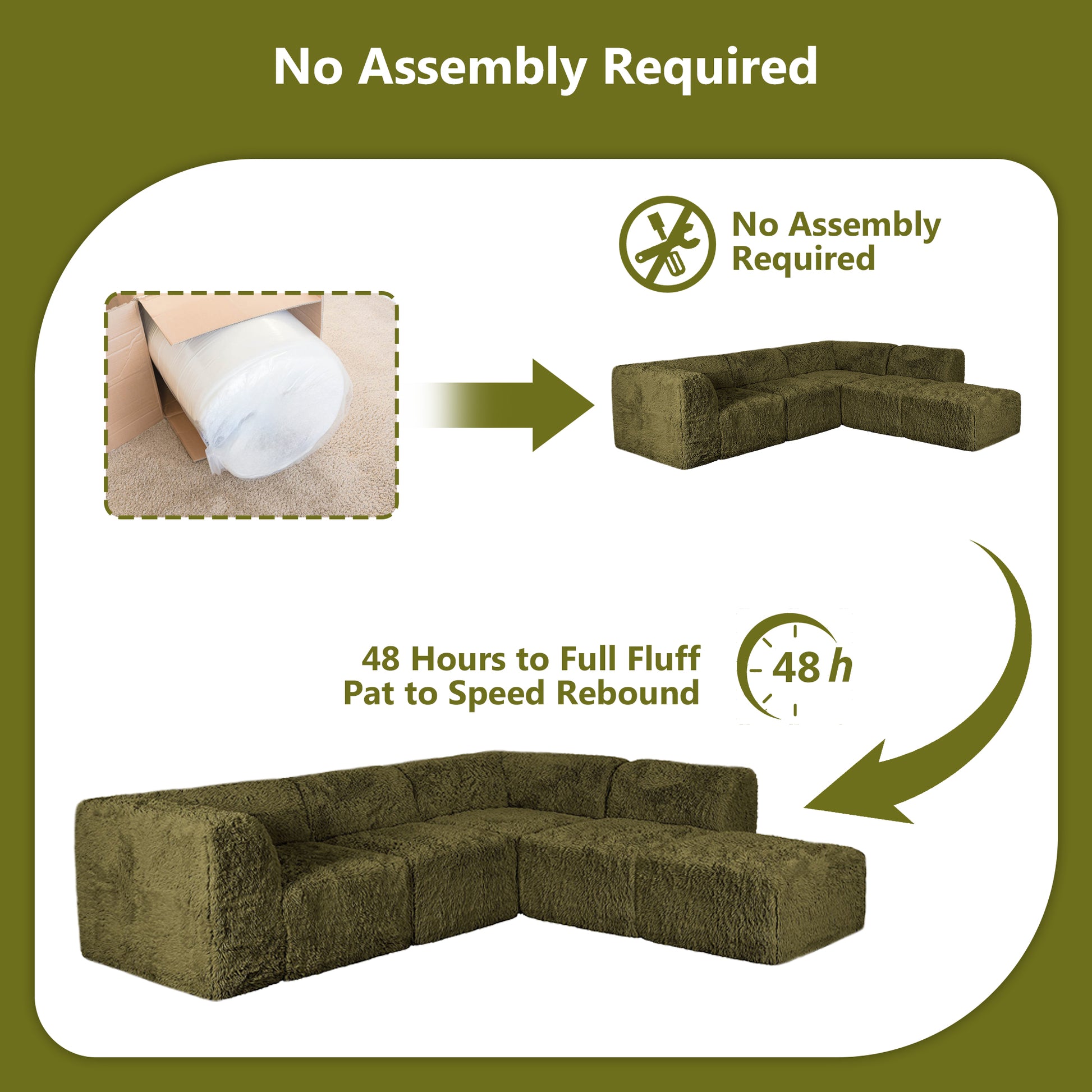 Olive green sofa comes in simple packaging and requires no assembly.