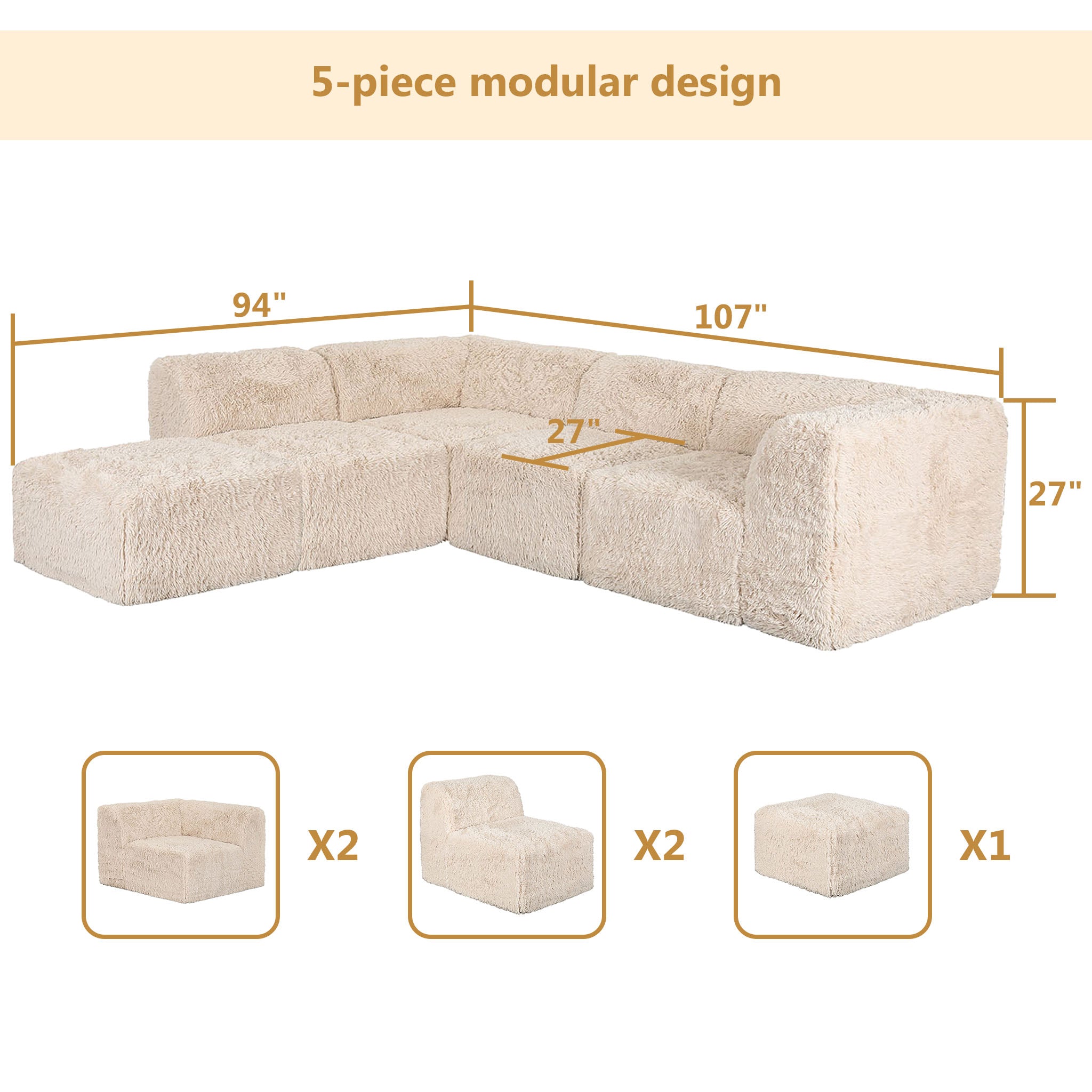 Soft sand Sofa with One Arm and Chaise Extension  –Full product dimensions chart showing length, width, height, and modular components.