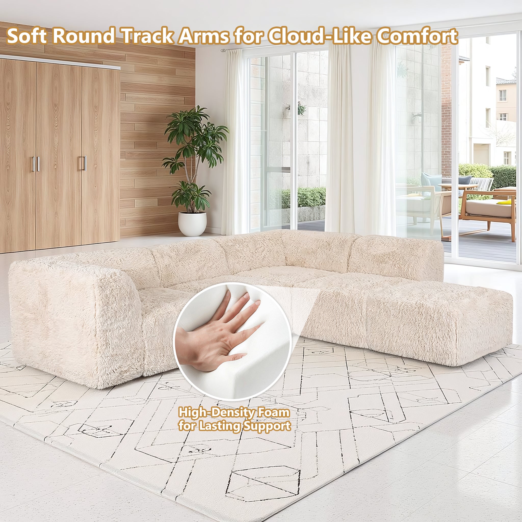 Soft sand Sofa with One Arm and Chaise Extension with its rounded armrests and high-density foam support