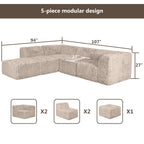 Taupe gray Sofa with One Arm and Chaise Extension  –Full product dimensions chart showing length, width, height, and modular components.