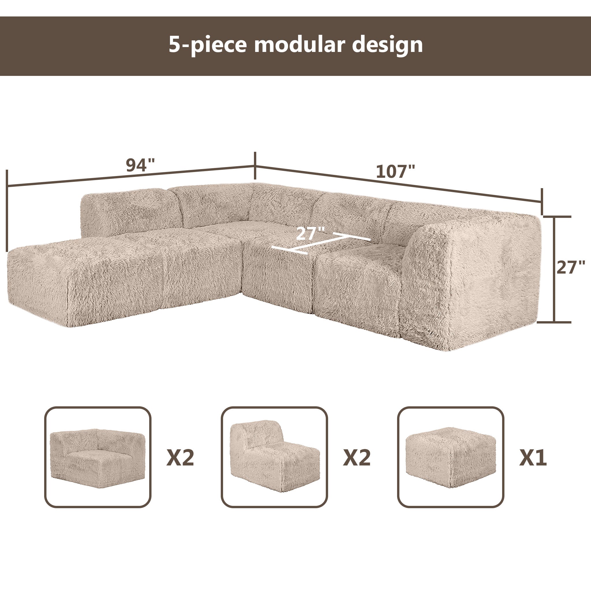 Taupe gray Sofa with One Arm and Chaise Extension  –Full product dimensions chart showing length, width, height, and modular components.