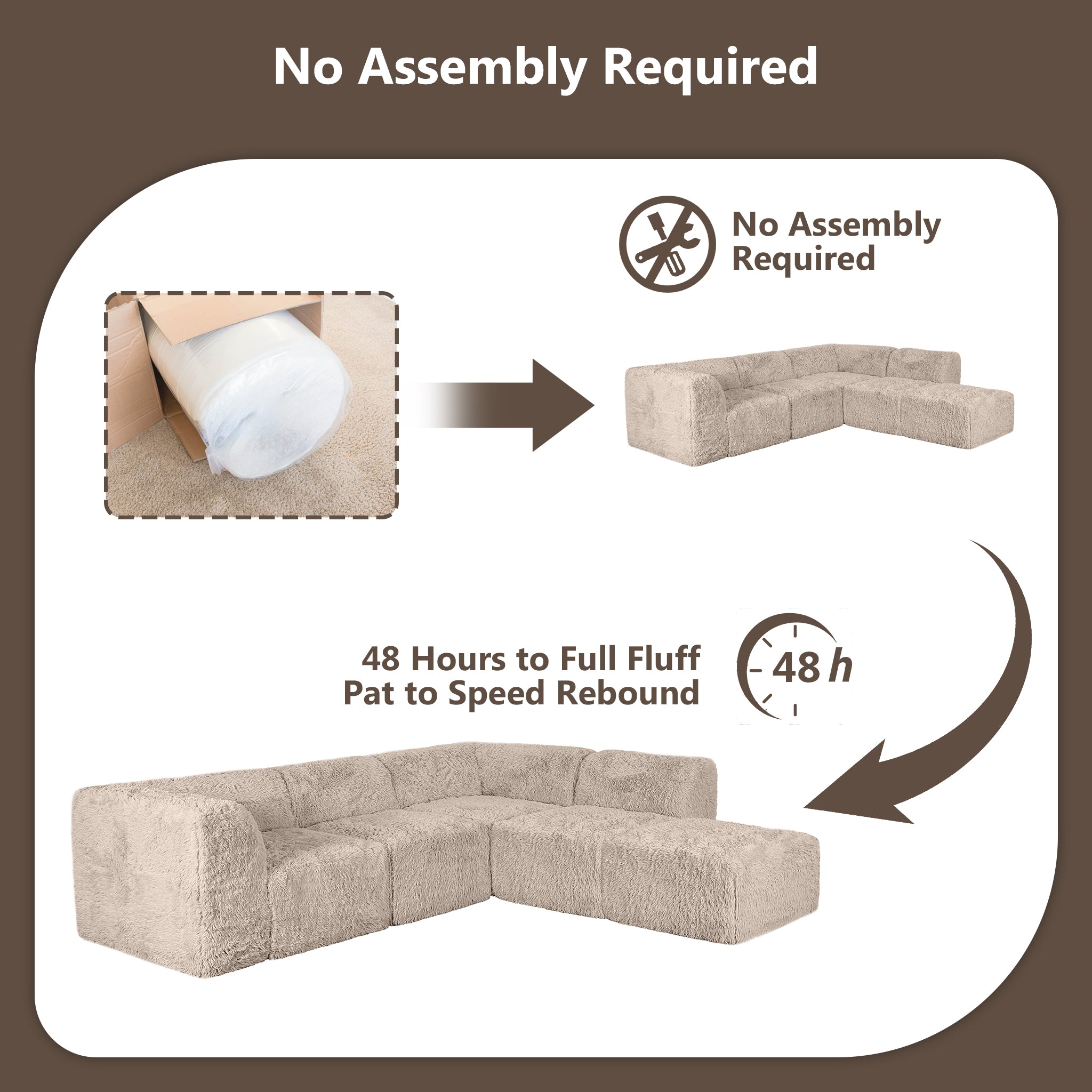 Taupe gray sofa comes in simple packaging and requires no assembly.